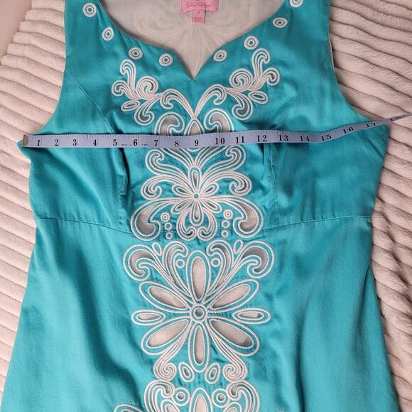 Lilly Pulitzer Teal White Embroidered Cotton Dress Size 10 Summer Resort - Picture 7 of 11